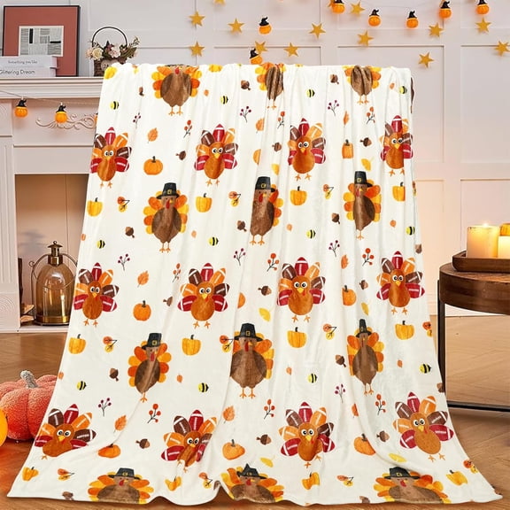 White Thanksgiving Turkey Pumpkin Maple Leaf Throw Blanket