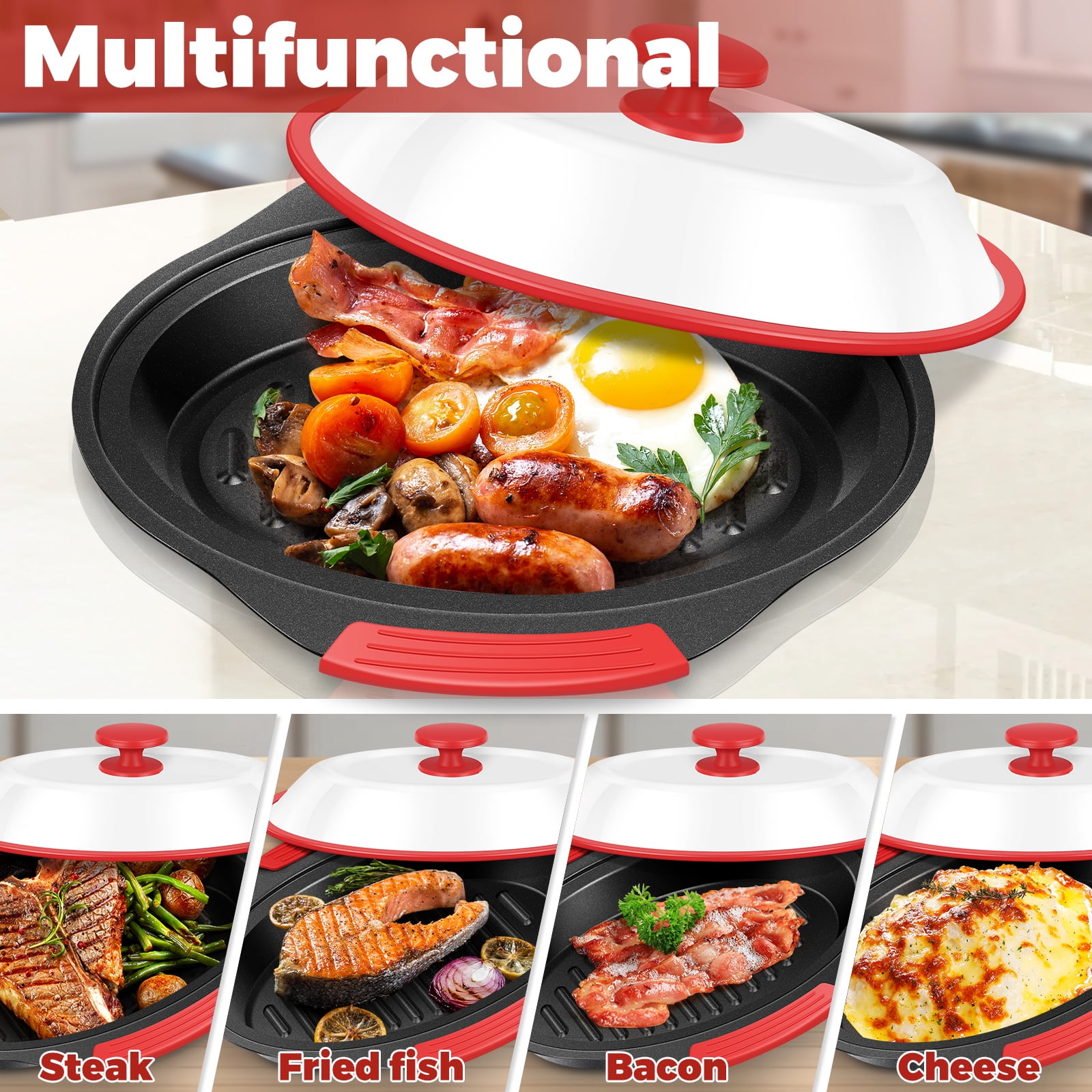 Qenwkxz Microwave Bacon Cooker, Red Microwave Bacon Grooved Cooking Tray with Splatter Lid, Microwave Grill Pan, Easy to Clean, Convenient Kitchen Tool, Dishwasher Safe