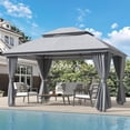 thumbnail image 4 of Vitarpatio 10'x13' Outdoor Patio Gazebo with Double Roof, Mosquito Netting and Privacy Screens, Metal Frame Outdoor Gazebo Heavy Duty Gazebo Tent Backyard Canopy Shelter, Gray, 4 of 13