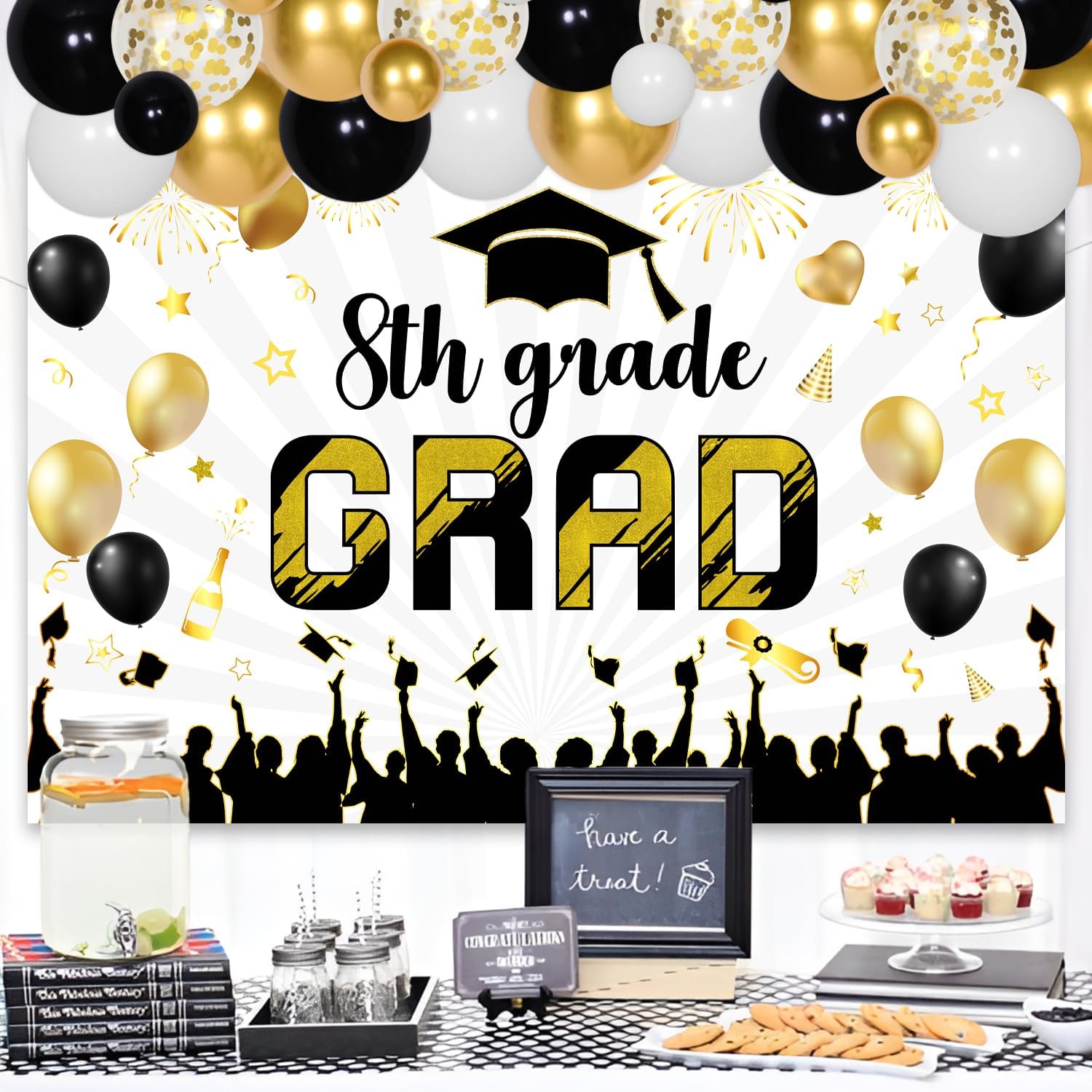 79Pcs Black Gold 8th Grade Graduation Decorations 2024 - 8th Grade Grad Backdrop Black Gold Balloon Garland Arch Kit for Boy Girl Kids Class of 2024 Eighth Grade Graduation Party Supplies