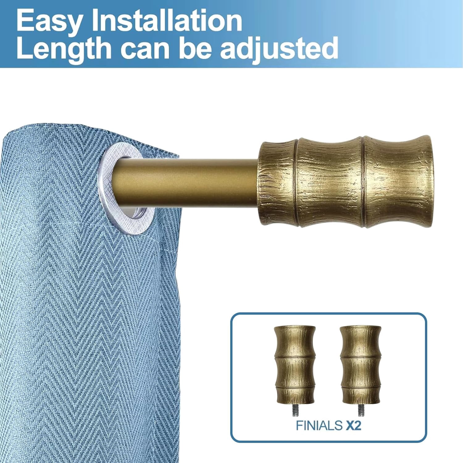 Urbanest Adjustable Single Curtain Rod Set Bamboo Finials – 1 - Inch Diameter, With Renaissance Gold Rod, 28–48 Inches