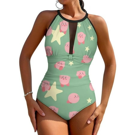 Kirby Star Womens One Piece Swimsuit Summer Beach Holiday Bathing Suit Sexy Back Mesh Design Tummy Control Swimwear Swimming Suit