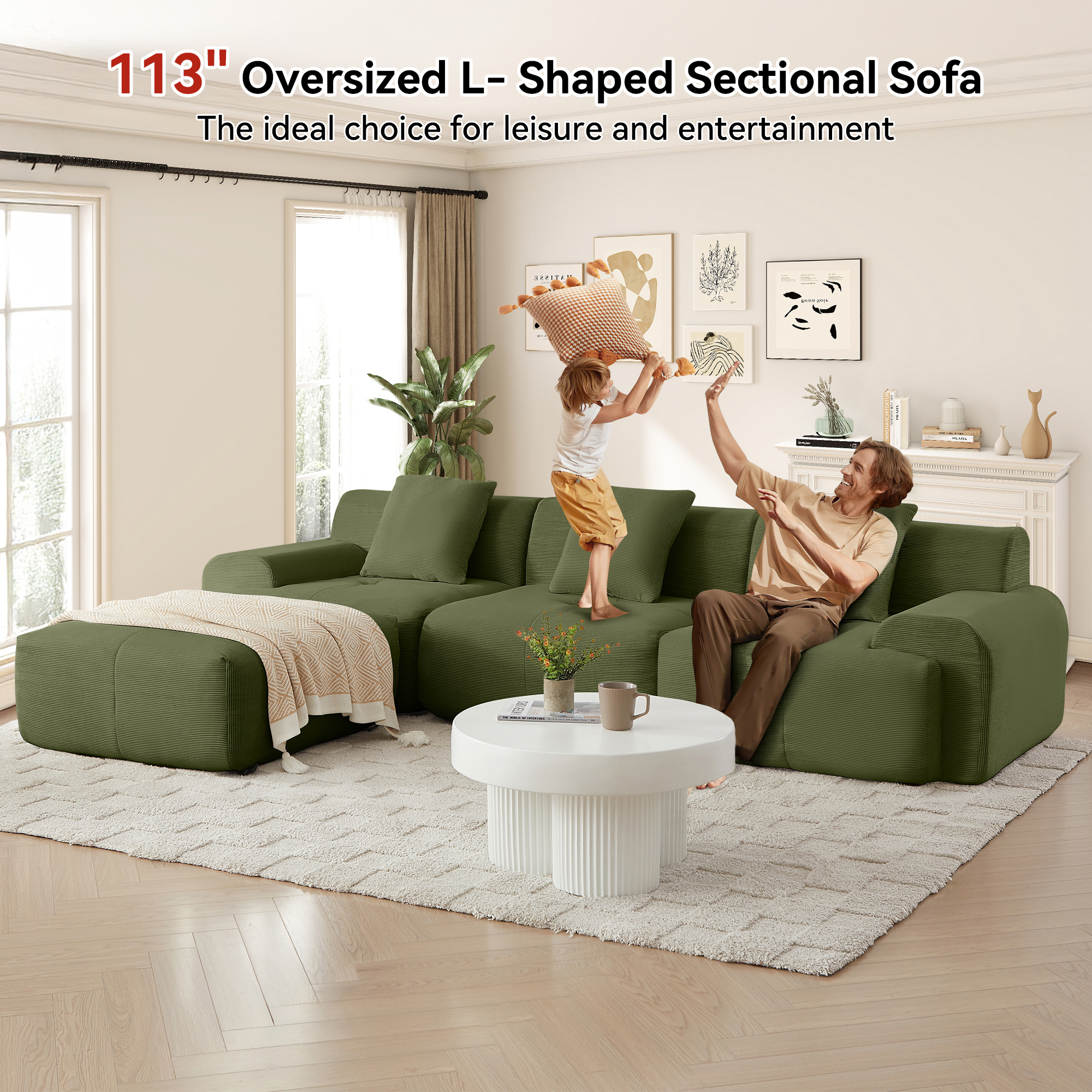Muumblus 113" L-Shaped Modular Sectional Sofa, Oversized Corduroy Cloud Couch for Living Room, Green
