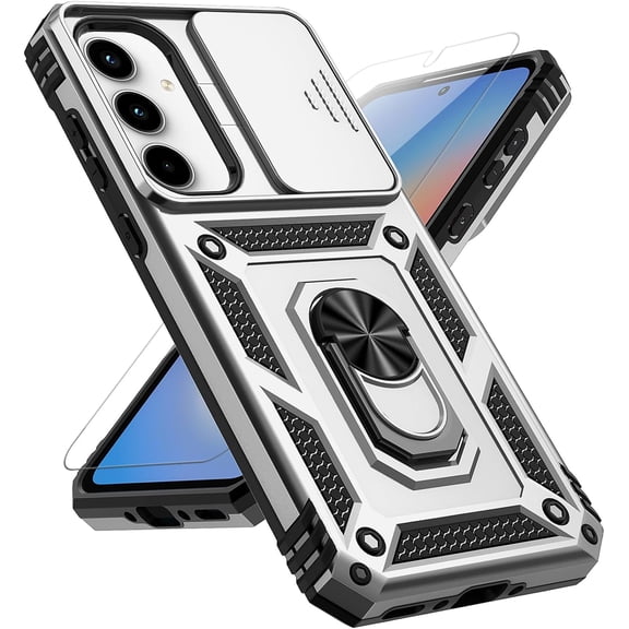 for Samsung Galaxy A35 5G Case with Slide Camera Cover HD Screen Protector [Military Grade 16ft. Drop Tested] Magnetic Ring Holder Kickstand Protective Phone Case for Galaxy A35 5G 2024, Silver