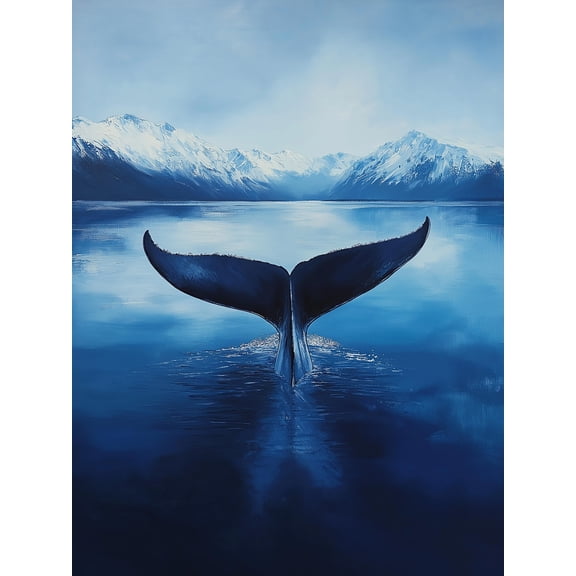 Qisvanset Whale Tail in Mountain Lake Canvas Wall Art, 15.75x11.81 Inch, Serene Blue Landscape for Living Room, Office, Coastal Home Decor