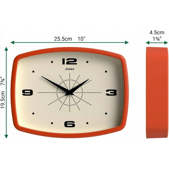 Retro Wall Clock | 10 Inch Orange Mid Design | Rectangular Clock for Kitchen Living Room Office