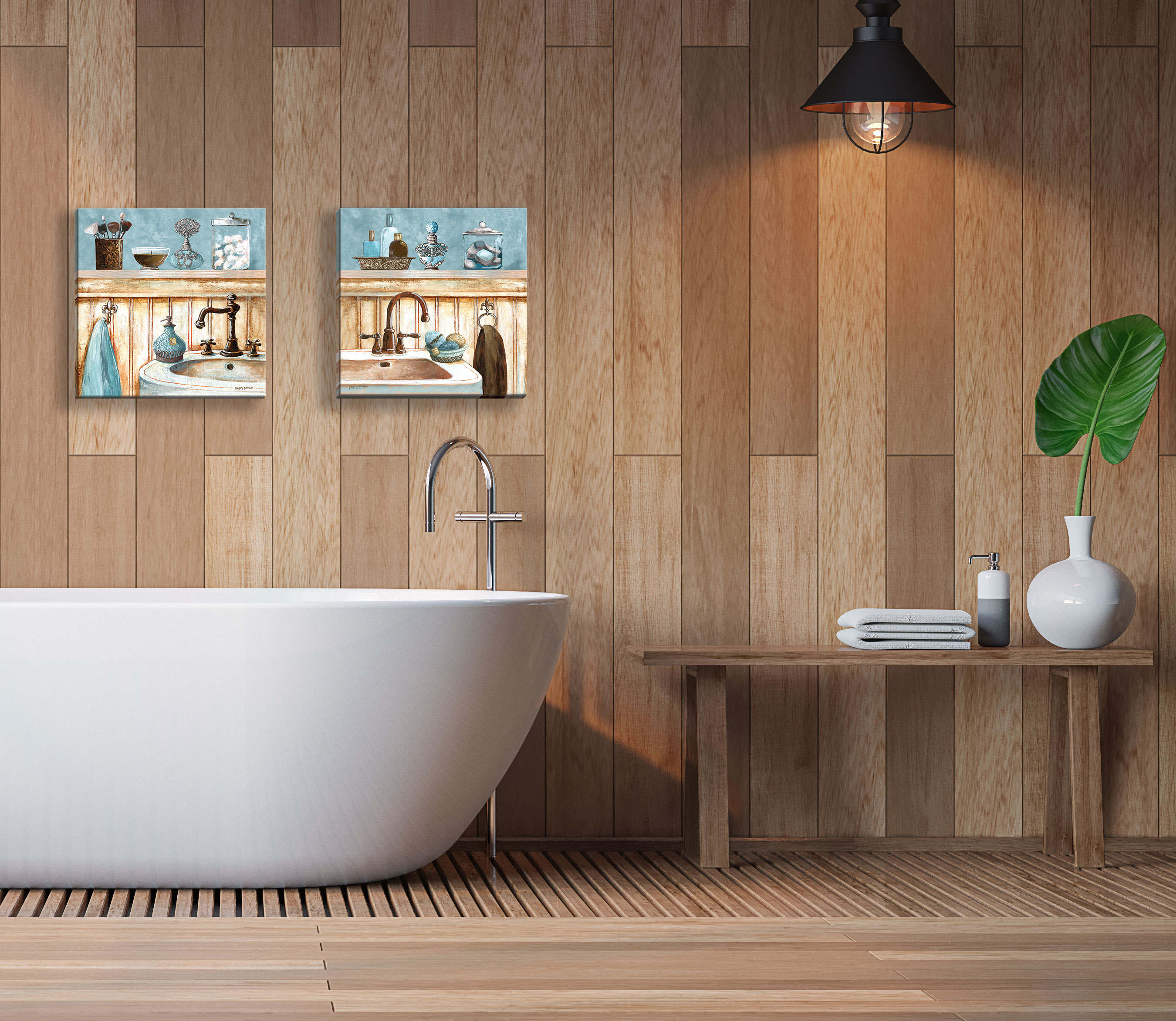 Gango Home Decor Classic Bathroom Wall Art; Two Blue 12x12in Hand