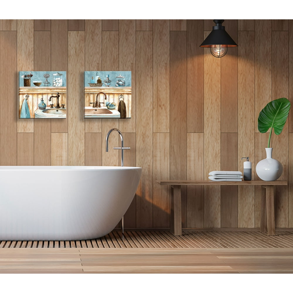 Gango Home Decor Classic Bathroom Wall Art; Two Blue 12x12in Hand