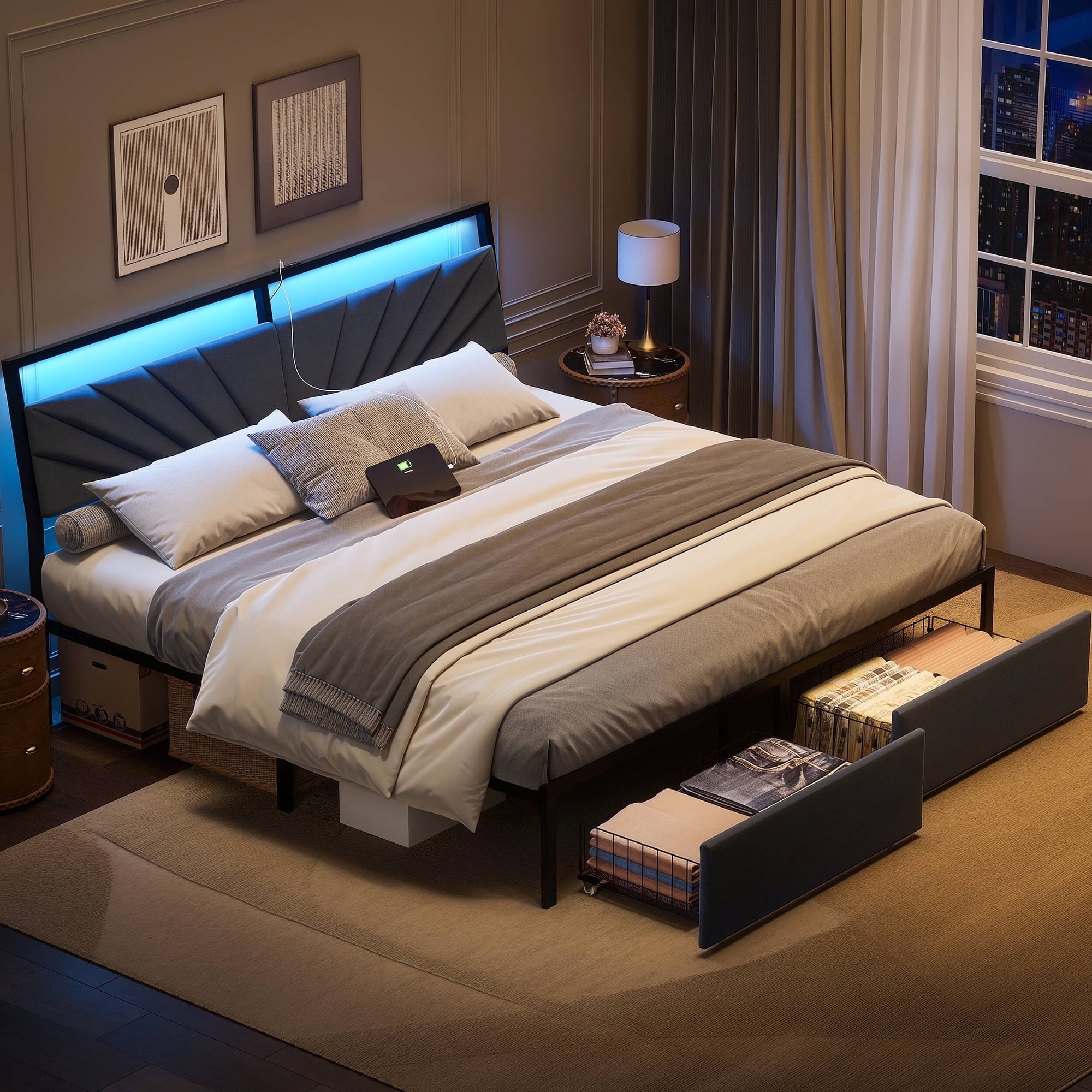 GUNAITO King Bed Frame with Ergonomic Tilted Upholstered Headboard, Platform Bed with 2 Drawers, Metal Bed with USB Port and LED Light, Dark Gray