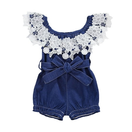 

ZIYIXIN Infant Baby Girls One Piece Short Sleeve Ripped Demin Jeans Ruffle Romper Sunsuit Outfits Jumpsuit Blue 0-6 Months