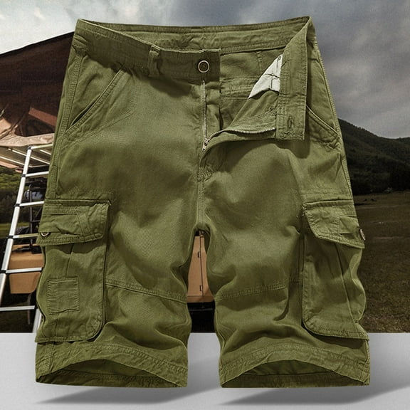 Zylanna Men's Shorts Cargo Pants, Straight Button Outdoor Workwear Solid Color Loose Relax Fit Multi-Pockets Sports Cargo Shorts for Men Army Green Size S