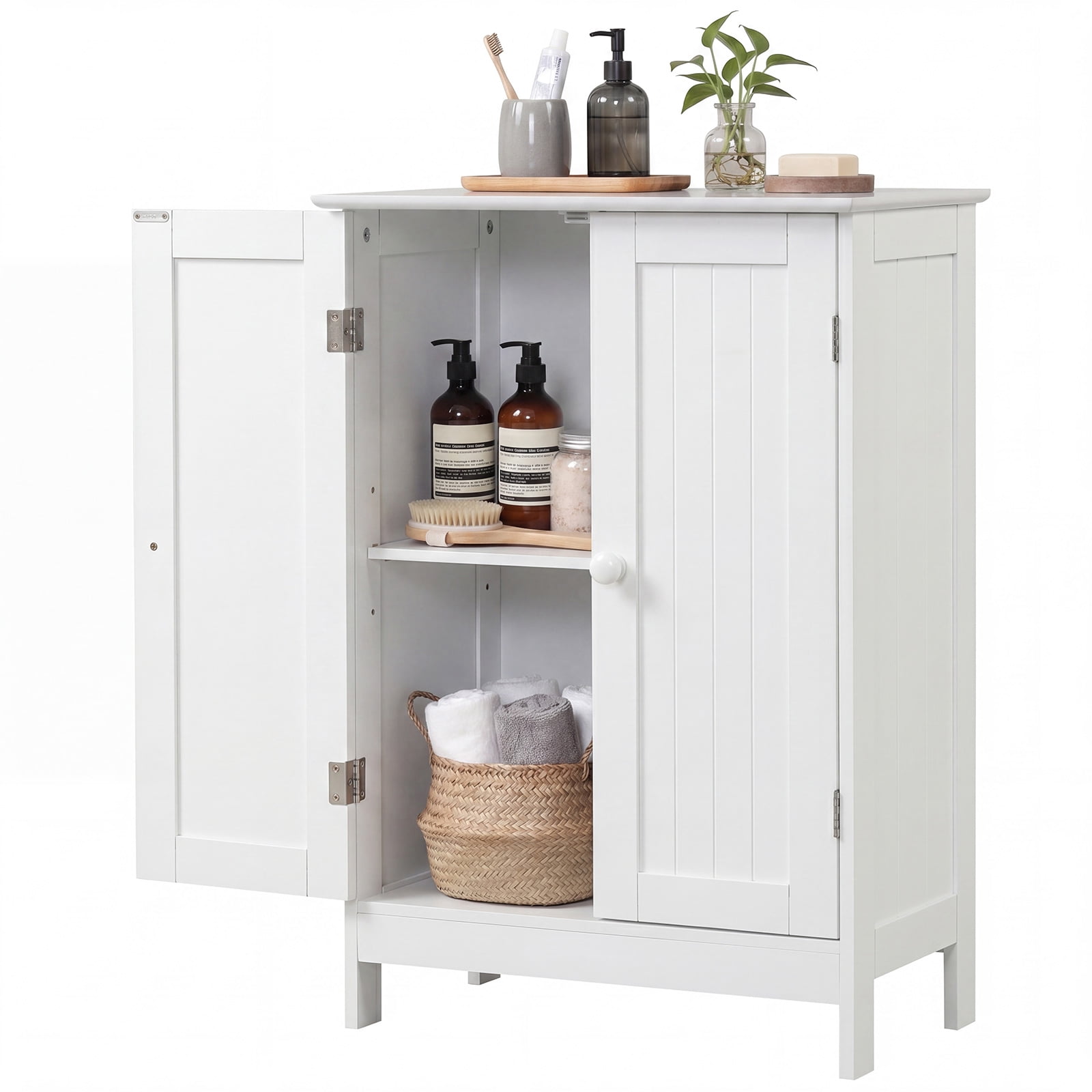 Gymax Bathroom Storage Cabinet Freestanding Wooden Floor Cabinet w/ Double Doors White