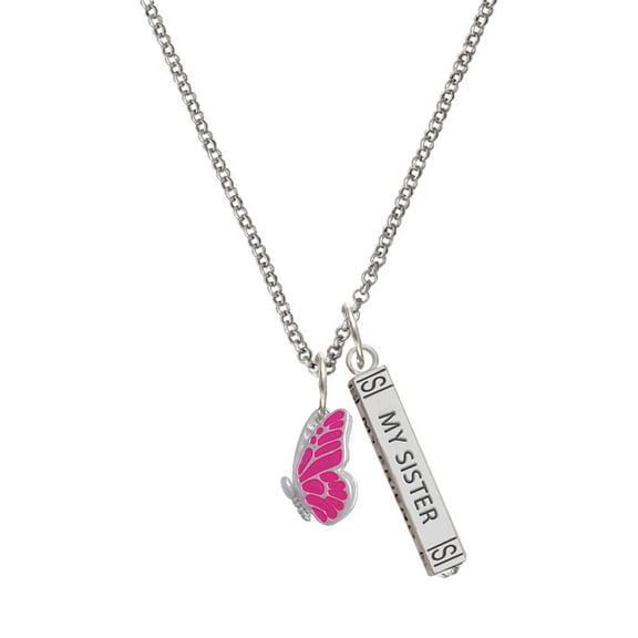 Delight Jewelry Silvertone Translucent Hot Pink Flying Butterfly Silvertone Always My Sister Bar Charm Necklace, 23"