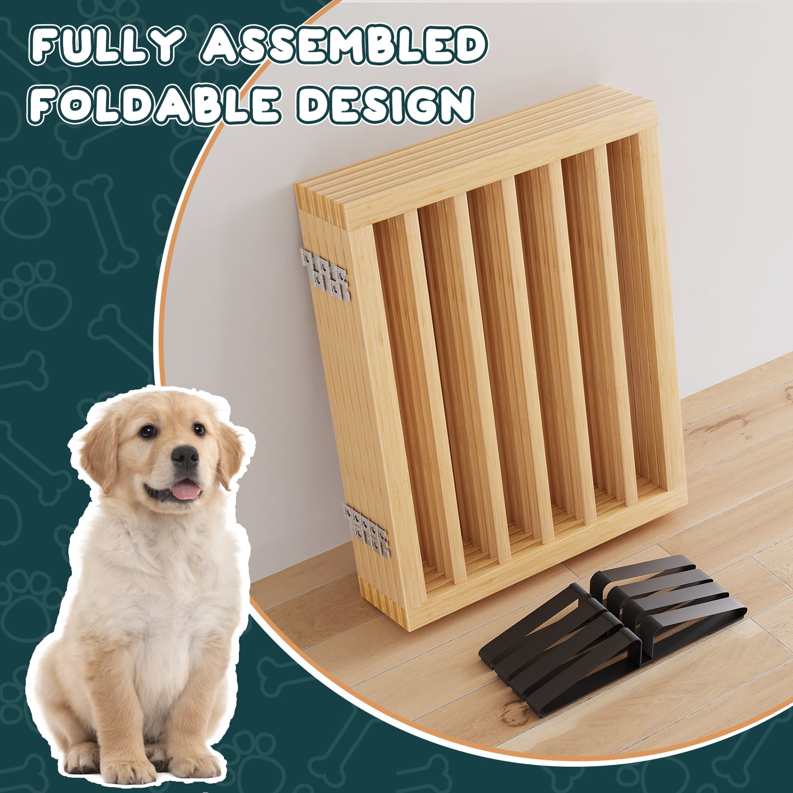 Smuxee Bamboo Freestanding Pet Gate Foldable Dog Gate with Support Feet, Natural, 6 Panel
