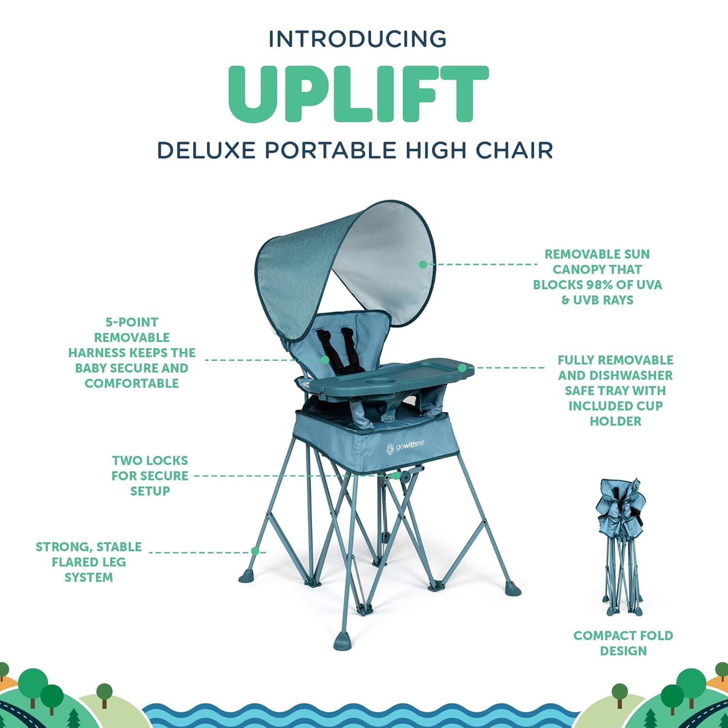 Go With Me Uplift Deluxe Portable High Chair with Canopy - Blue Wave (Unisex)
