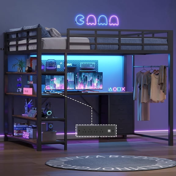 Full Size Loft Bed with Power Outlet and LED Lights, Metal Loft Bed Frame with L Shape Desk and 4-Tier Storage Shelves, No Box Spring Needed, Black