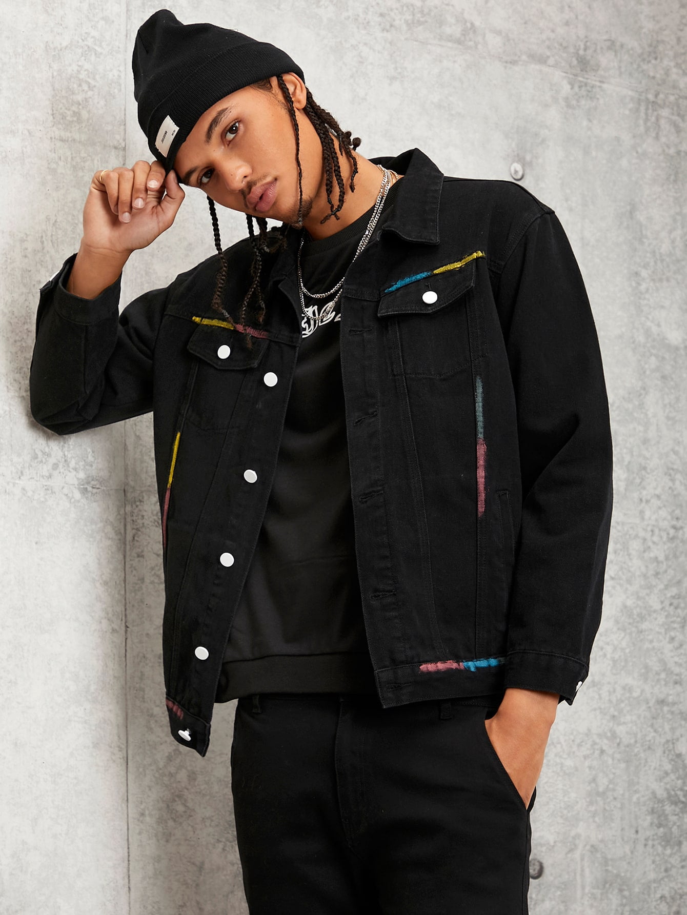 Black Casual Men Contrast Trim Denim 