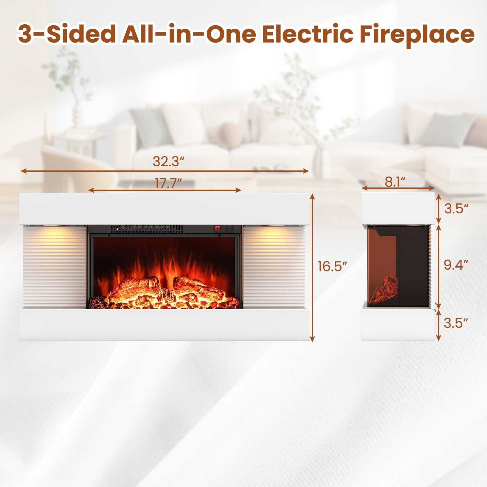 Gymax 18'' Electric Fireplace w/ 32'' Floating Mantel 12-Color Dimmable Flame 8H Timer