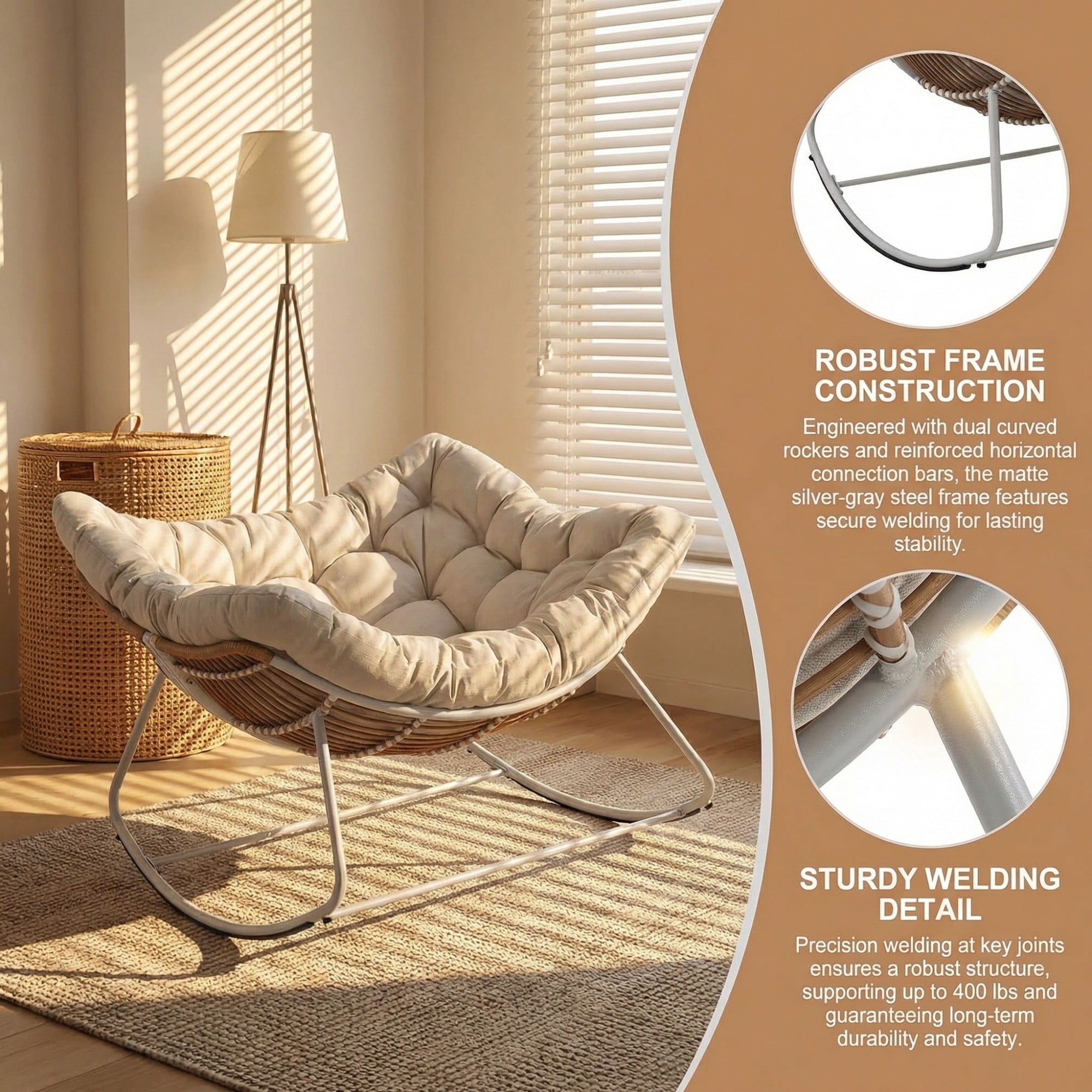 Outdoor Papasan Rocking Chair Oversized, Rattan Egg Rocker Chair with Padded Cushion, 400lbs Patio Wicker Rocking Chair for Living Room Porch Backyard, Beige