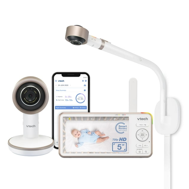 VTech V-Care VC2105 1080p FHD Monitor de bebé inteligente para montaje sobre la cuna Pantalla LCD de 5" 720p, soporte de mesa, acceso remoto, ubicación versátil, detección de inteligencia, análisis de