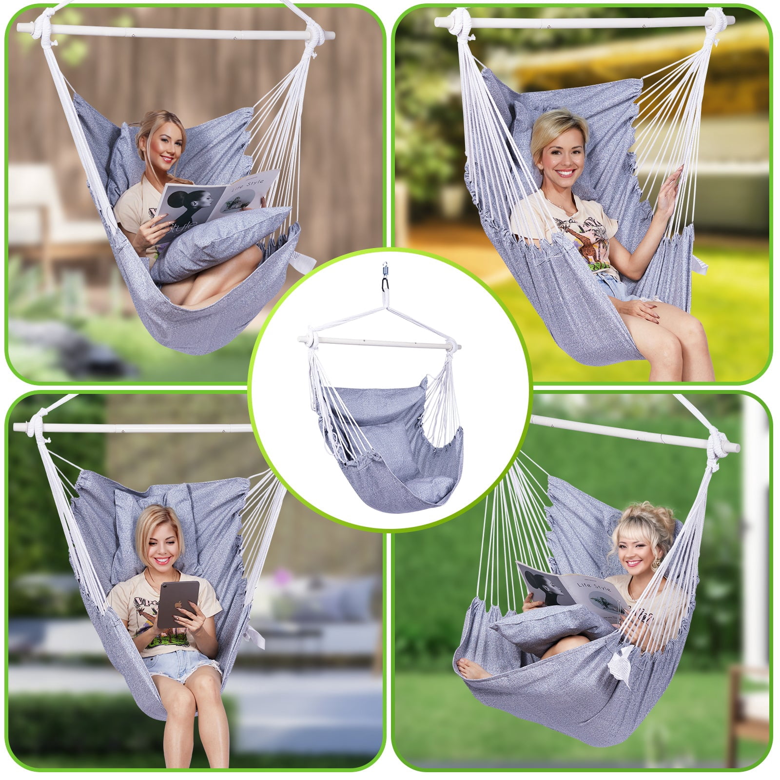 Backyard Expressions Hammock Chair Hanging Rope Swing Chair, 2 Pillows, Anti Slip Steel Spreader Bar