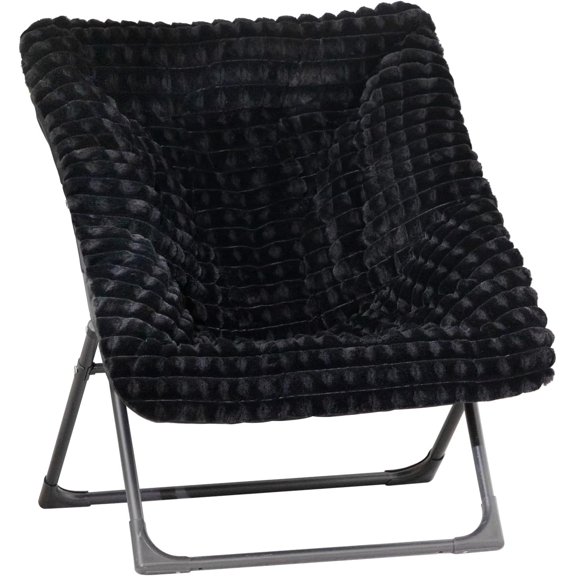 X-Large Saucer Chair, Comfy Oversized Folding Chair, Faux-Fur Reading Chair for Teens, Adults, Foldable Accent Lazy Chair, Metal Frame Lounge Chair for Living Room, Bedroom, Dorm, Grid Black