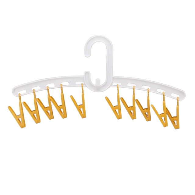 Portable 10-Clip Plastic Drying Rack with Auto-Lock Windproof Hook, White & Yellow Multi-Head Hanger for Socks, Underwear, Baby Clothes & More - Space-Saving Travel-Friendly Dryer for Indoor Outdoor
