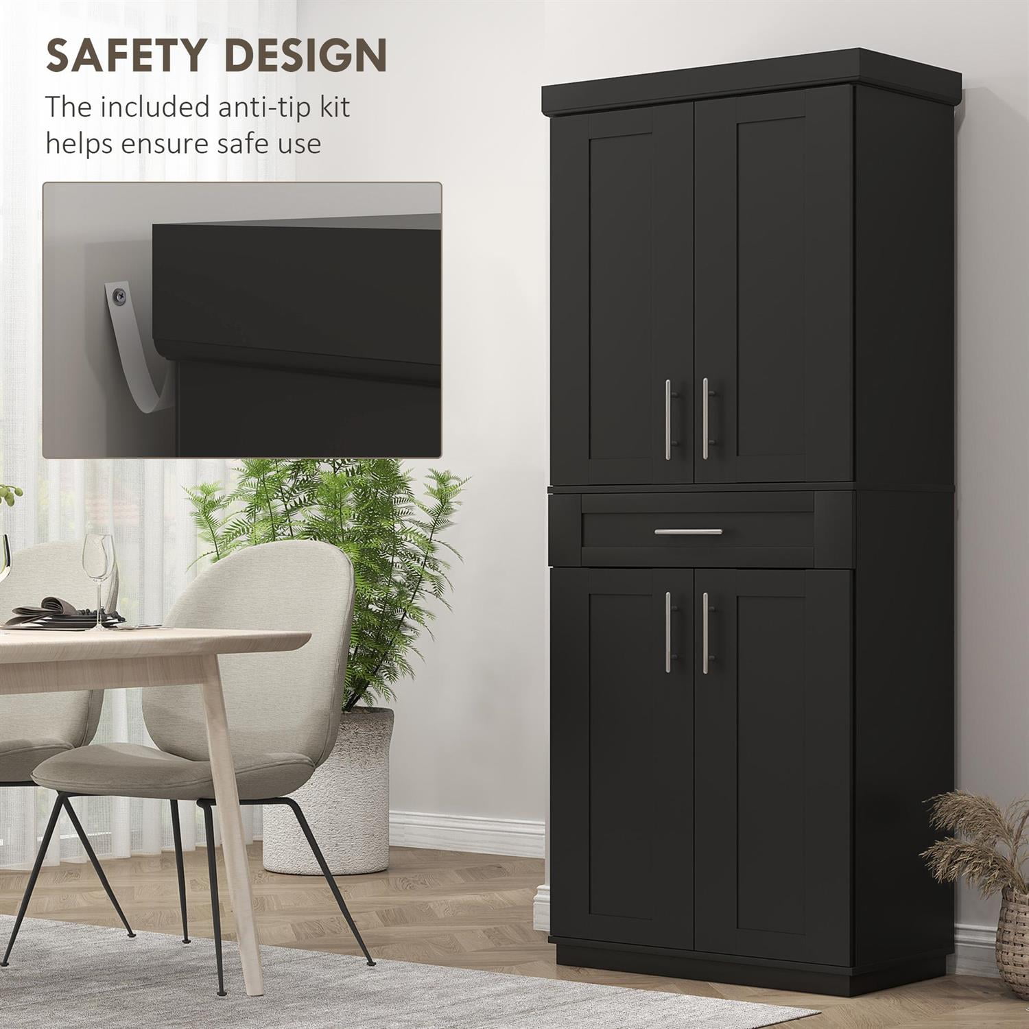 Demi Bonn 72" Modern Kitchen Freestanding Pantry Cabinet with Adjustable Shelves, Doors and Drawer, Storage Solution for Home Use, Black