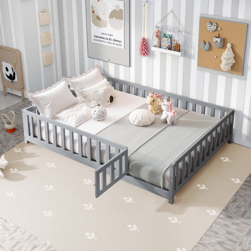 Mirightone Full Size Floor Bed with Guardrails and Door, Low-Profile Full Montessori Bed with Support Slats, Grey