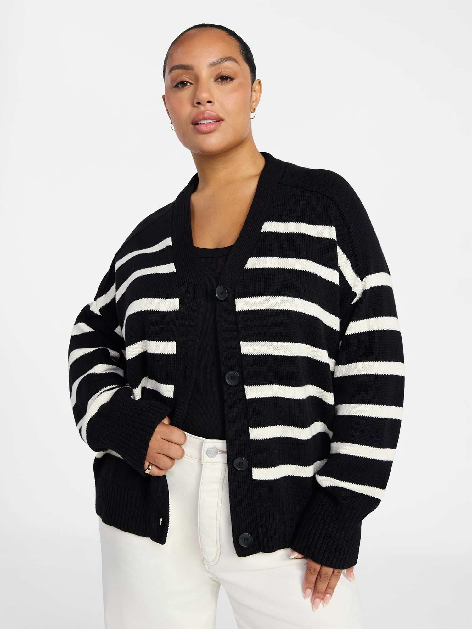 Terra & Sky Women's Plus Size Boyfriend Cardigan with Long Sleeves, Midweight, Size 0X-5X