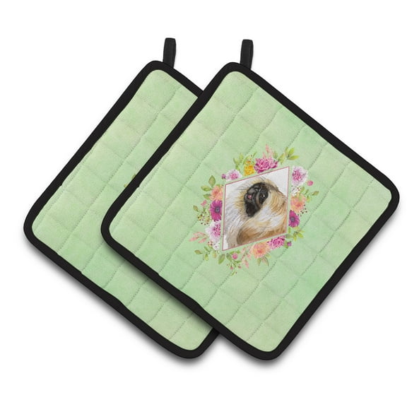 Carolines Treasures CK4326PTHD Pekingese Green Flowers Pair of Pot Holders 7.5HX7.5W multicolor