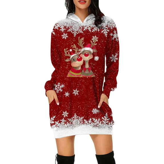 Fiaer Womens Sweatshirts Dress Christmas Hoodie Reindeer Printed Oversized Long Sleeve Trendy Comfort Tops with Pocket Red XL