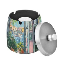 Yayeee Ashtray with Lid for Cigarette Smokeless Stainless Steel Home Ash Holder, Blue Sea Boat