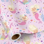 RUSPEPA Mermaid Birthday PriNst Wrapping Paper Roll for Girls, Roll, Pink Mermaid and Underwater Scene Design, Cute Ocean Gift Wrap for Kids Birthday Party, Baby Shower, 17 Inches x 16.4 Feet