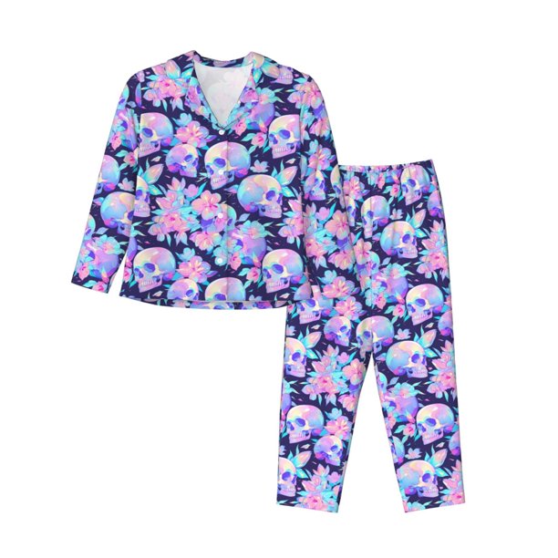 Balery pinkk flower crystal Skull Conjunto de Pijama con Estampado para Mujer, Conjunto de Dos Piezas con Manga Larga, Ropa de Dormir Suave con Bolsillos, Pijamas Cómodos-XX-Large