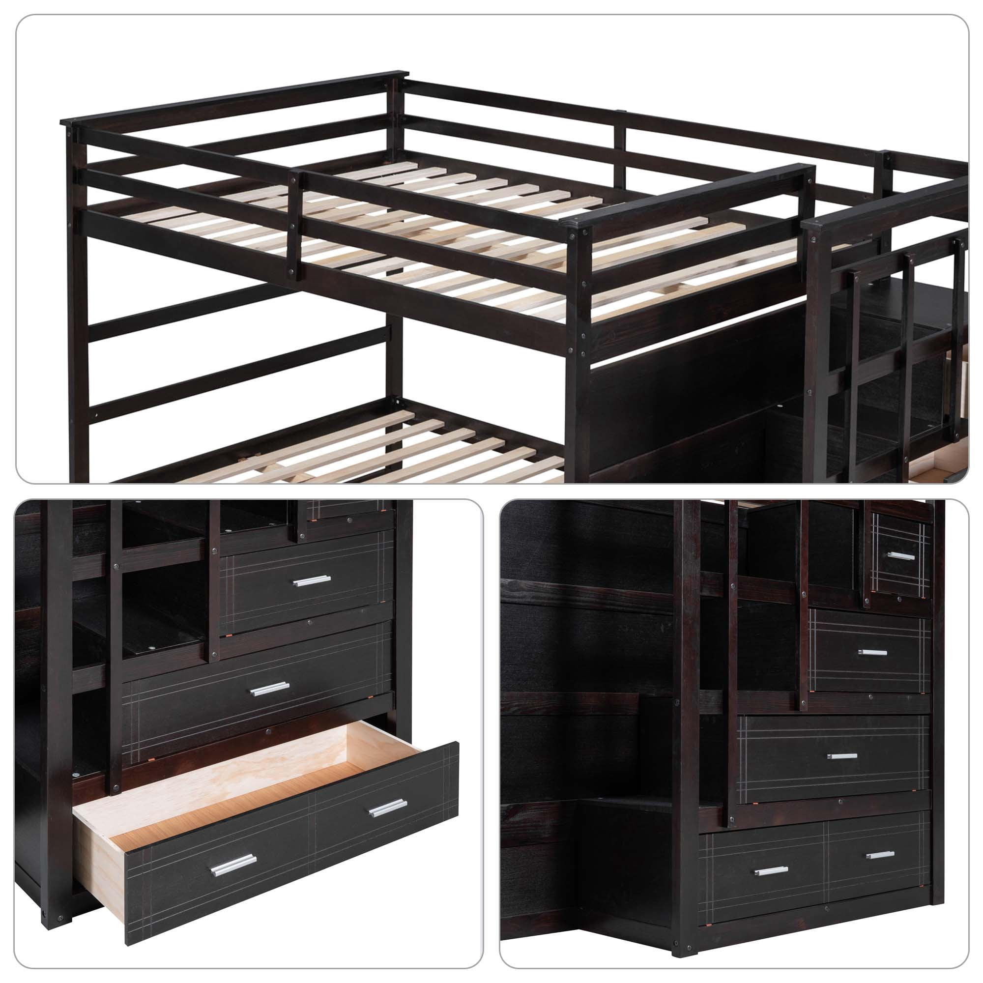 Aukfa Full over Full Bunk Bed with Trundle and Staircase, Wood Bunk Bed with 4 Storage Drawers for Kids, Teens - Espresso