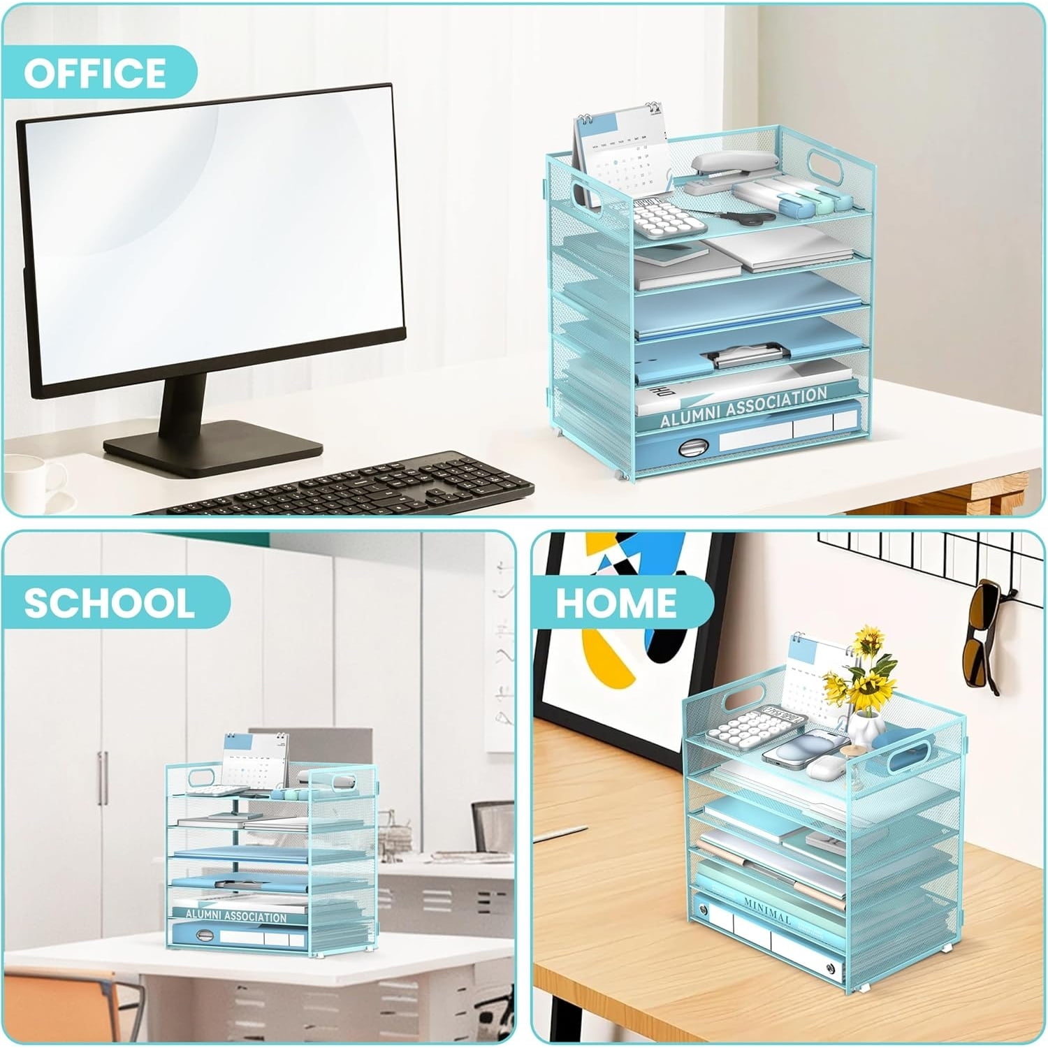 INTIGE 6 Tier Paper Organizer for Desk, Paper Letter Tray Organizer, Metal Mesh Desk File Organizers with Handle for Office/Home