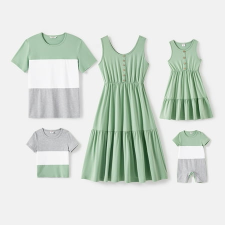 

PatPat Easter Family Matching Solid Tiered Tank Dresses and Short-sleeve Colorblock T-shirts