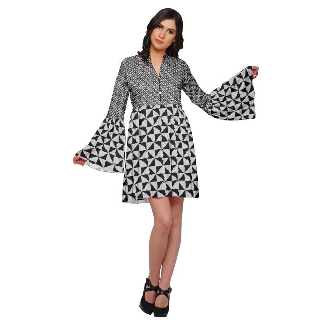 Moomaya Robe Courte Imprimée pour Femmes Tenue Décontractée Manches Évasées Vêtements d'Été
