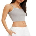 thumbnail image 3 of Débardeur Côtelé Sans Manches pour Femmes Patchwork Bretelles Spaghetti Crop Top Col Rond Uni Gris S, 3 of 8