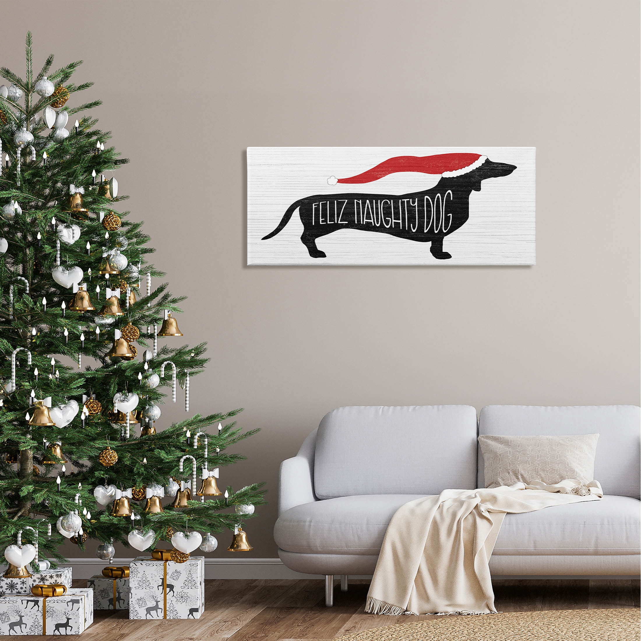 Funny Feliz Naughty Dog Dachshund Holiday Graphic Art Gallery Wrapped Canvas Print Wall Art