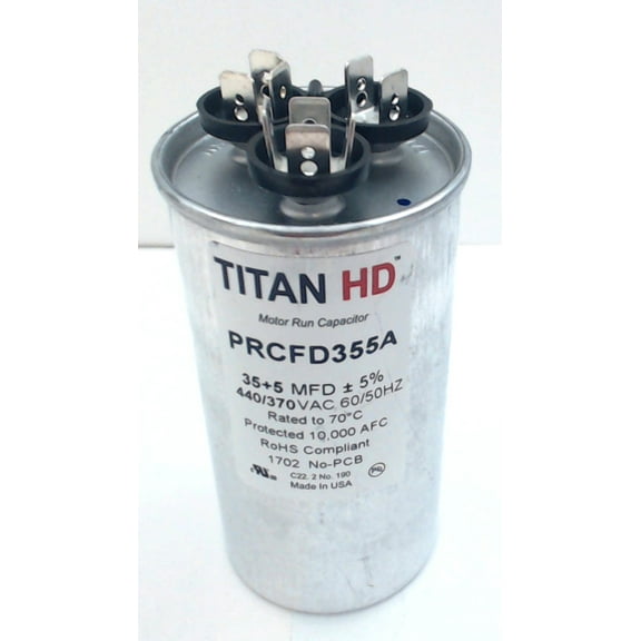PRCFD355A, Titan HD Run Capacitor Round 35 5 Mfd 440-370V replaces 12283
