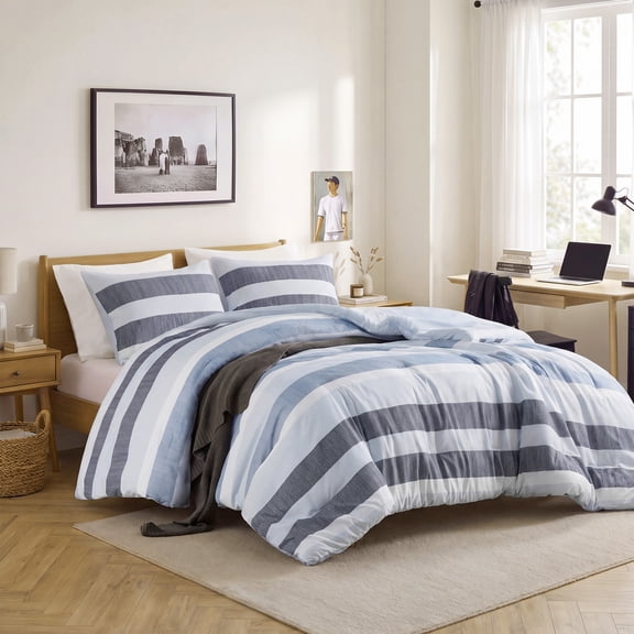 Regency Heights 3-Piece Comforter Sets, Reversible Striped Comforter Set for Dorm, Lightweight All Season Bedding Set with Pillow Shams,Full/Queen, Navy/Blue