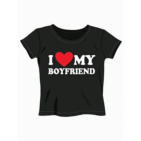 Men's Cropped Graphic T-Shirt, 'I Love My Boyfriend' Print, Casual Cotton Short Sleeve Tee