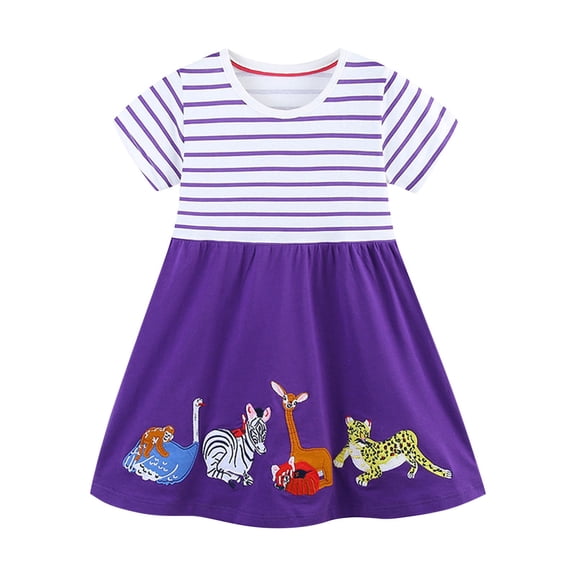 Gpaecead Toddler Girls Short Sleeve Dresses Animal Printed Cotton Casual Basic Knit Shirt Sundress with Pockets 7 Years Purple