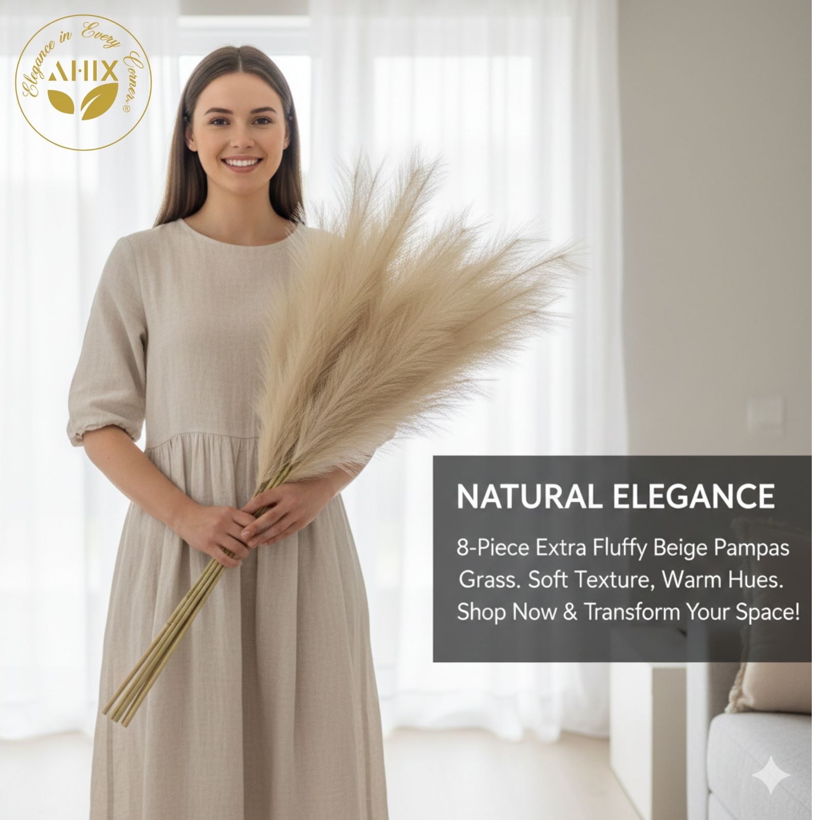 AHIX Faux Pampas Grass, 38-Inch Beige Artificial Flowers, Boho Home Décor (8 Pieces)