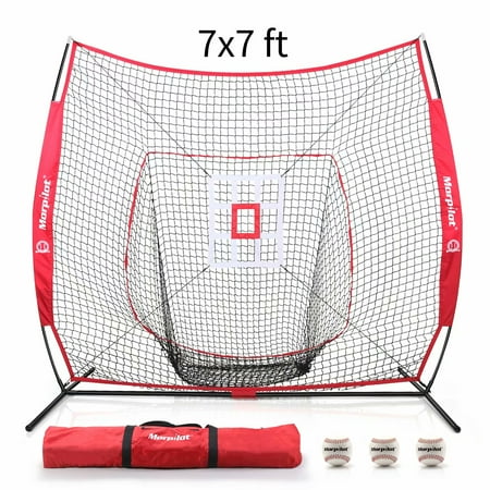 Morpilot 6pc Baseball/Softball Bundle | 7x7 Hitting Net | 3 Weighted Training Balls | Strike Zone Target | Carry Bag | Practice Batting, Pitching, Catching | Backstop Screen Equipment Training (Best Baseball Hitting Net)