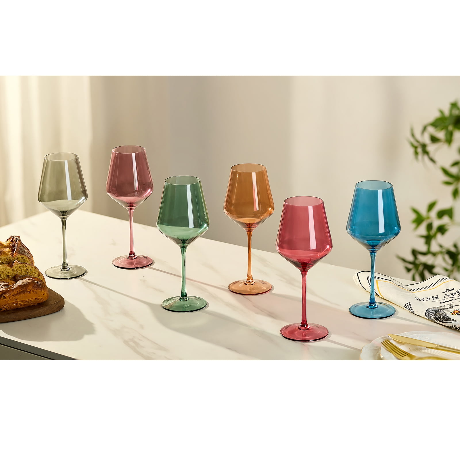Nuptio Stemmed Colored Wine Glasses Set of 6 13.5oz : Brown Wine Glasses with Long Stem for Christmas Dinner Birthday Party Wedding Home Bar Wine Lover Gifts