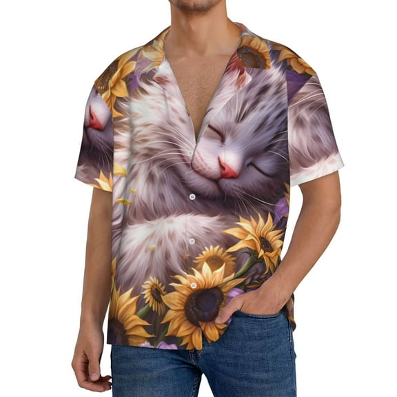 Rateoe Warm Sunflower Sleeping Cat Print Mens Front Pocket Hawaiian Shirts Casual Shirts Short Sleeve Button Down Beach Tropical Shirts-Small