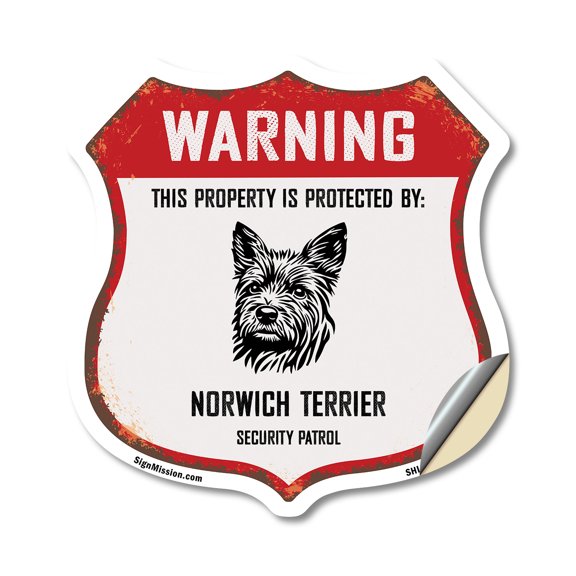 Warning This Property is Protected by Norwich Terrier (2 Pack) 4 inch X 4 inch Shield Shaped Heavy Duty 3.2 mil Vinyl Decals Weather Resistant Made in the USA